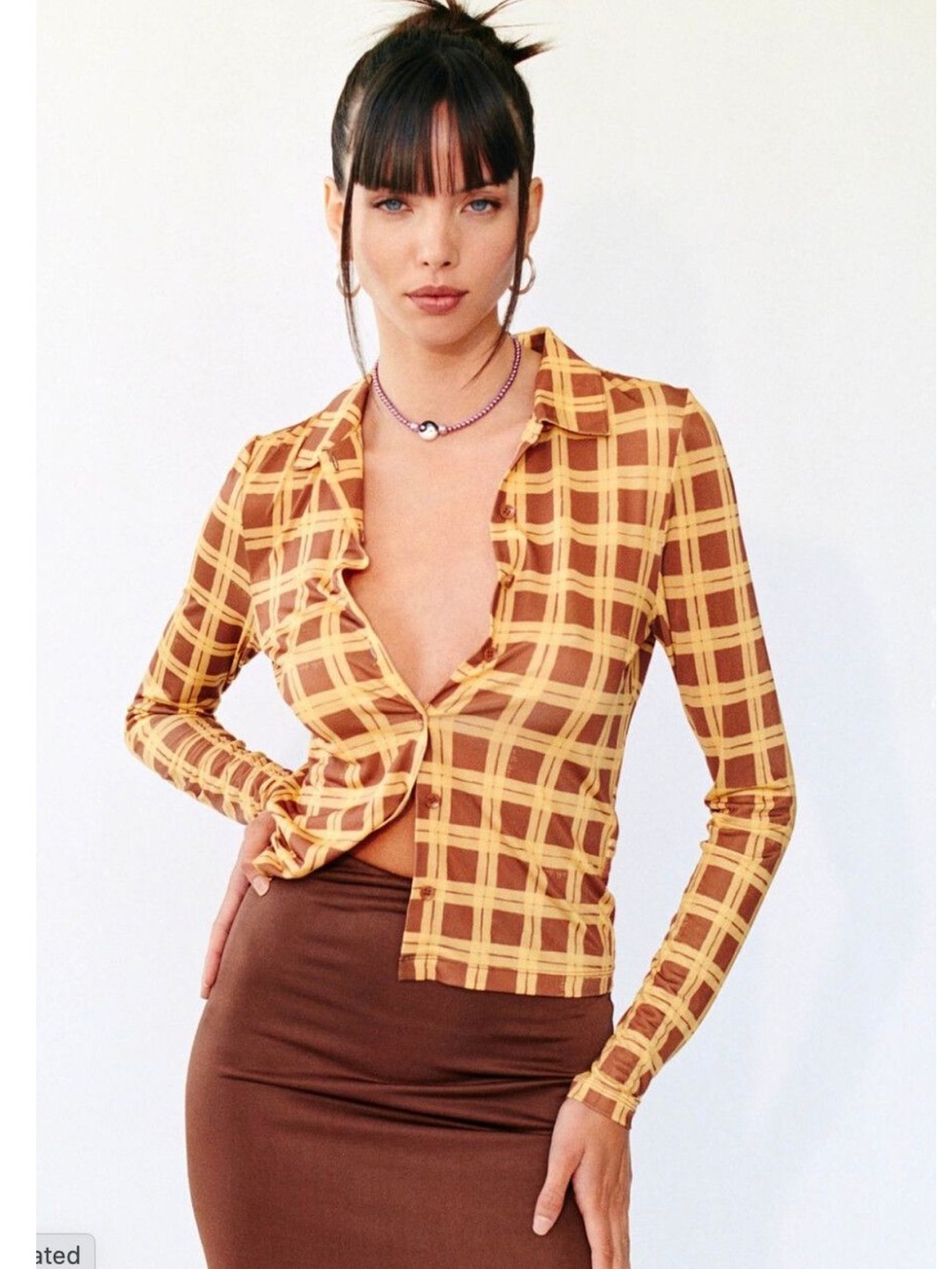 With Jean Bobbie Shirt Cher Plaid Brown Yellow 90’s Style Size XXS